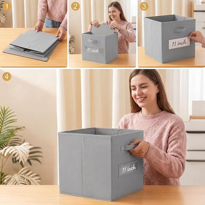 Storage Bins,11 Inch Cube Storage Bin with Labels,6pcs,Light Grey | Fabric Storage Cubes for Shelves,11 Inch storage cube bins with 6 Labels Window Cards & a Pen - Image 5
