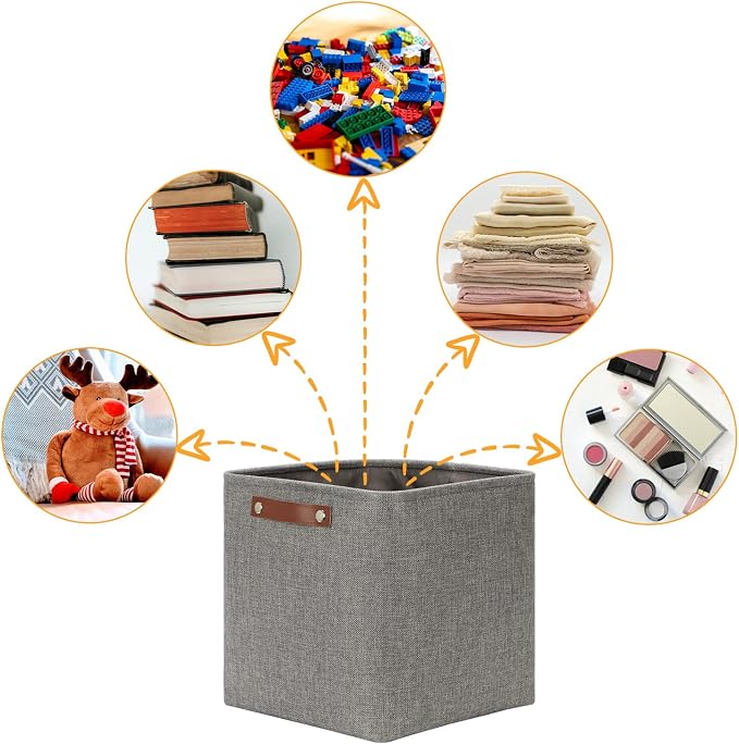 DULLEMELO 12 inch Cube Storage Bins, Large Collapsible Grey Storage Baskets for Square Cubes Organizing, Fabric Boxes Bins for Shelves Nursery Home Office Storage(4 Pack - 12" Grey) - Image 6