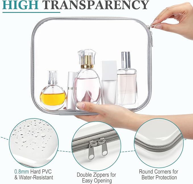 Sanwuta 6 Clear Hard Zipper Case,Gray,9.84 X 7.87 X 2 Inch | Pencil Case Pouches ,Makeup Bag,Plastic Toiletry Diaper Bag ,Travel Toy Storage,Waterproof Organizer Bins - Image 3