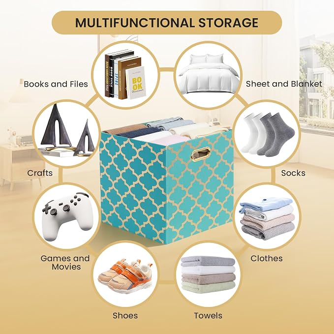 Posprica 11x11x11 Storage Cube Bins, Collapsible Storage Bins Fabric Storage Cubes Organizer Baskets Box Drawers for Shelves, Closet, Wardrobe, Bookshelf, Cabinet, Sky Blue/Gold Lantern, 4 Pack - Image 5