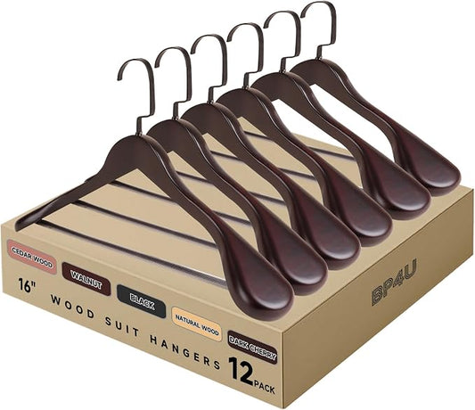 12-Pack Premium Wide Shoulder Wooden Suit Hangers, 16" Heavy-Duty Solid Wood Coat Hangers with Pant Bar for Women's Heavy Garments, Blazers, Jackets (Dark Cherry) by BP4U%E2%84%A2