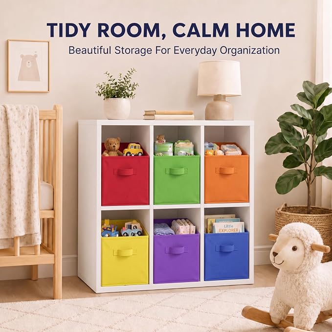 Yinder 6 Pcs Cube Storage Bin, Rainbow Colored 14''x10''x8'' Storage Cubes | Kids Classroom Decor, Colorful Bins Foldable Baskets for Playroom Nursery Organizer Fabric Boxes - Image 6