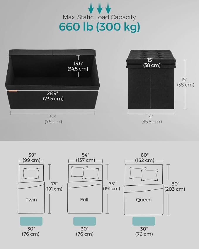 SONGMICS Mazie Collection - 30 Inches Storage Ottoman, Foldable Storage Bench with Flipping Lid, 660 lb Load Capacity, for Entryway, Living Room, Bedroom, Ink Black ULSF046B01 - Image 3