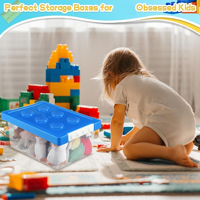 4 Pack Toy Storage Containers with Lids Brick Shaped Kids Toy Organizer Box Plastic Clear Stackable Bin Chest for Building Block Dolls(Large, Small,Red, Yellow, Blue, Green) - Image 5