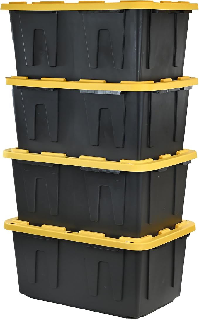 CX Heavy Duty 27-Gallon Stackable Plastic Storage Bins with Lids, 4 Pack | Storage totes for garage organization, Stackable containers, weather-resistant, snap lid, 14.3H x 20.6W x 30.6D, Black/Yellow - Image 2