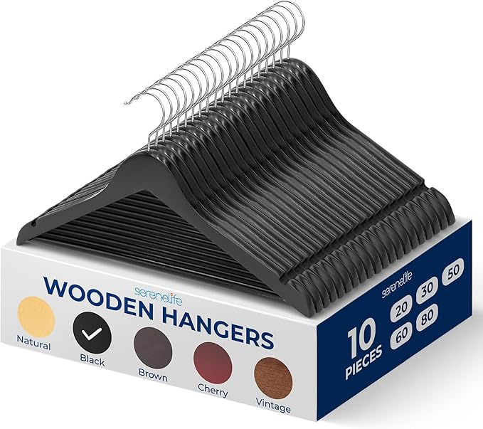 SereneLife 10 Pack Wooden Coat Hangers, Natural Wood Suit Hangers with Non-Slip Pant Bar, with 360-Degree Rotatable Hook, for Closet Organization, Shirts, Jackets, Dresses, and Pants (Black) by SereneLife