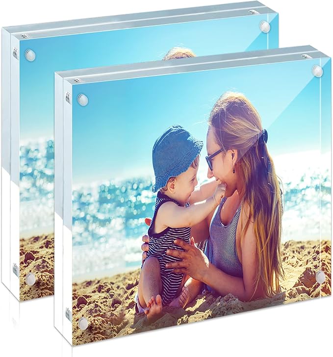 HELPLEX Acrylic Frames, 2 Pack 4x4 Frameless Clear Picture Frame, 20mm Thicker, Double Sided Magnetic, Free Standing Desktop Display by HELPLEX