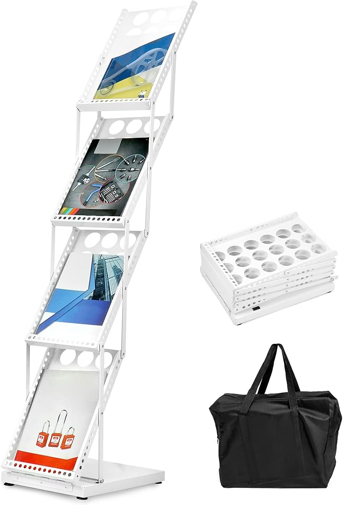 QWORK Foldable Brochure Display Stand, Magazine Brochure Display Rack Stand, 4 Pocket Literature CatalogTradeshow Display Stand, for Office Store and Exhibition Trade Show (White) by QWORK