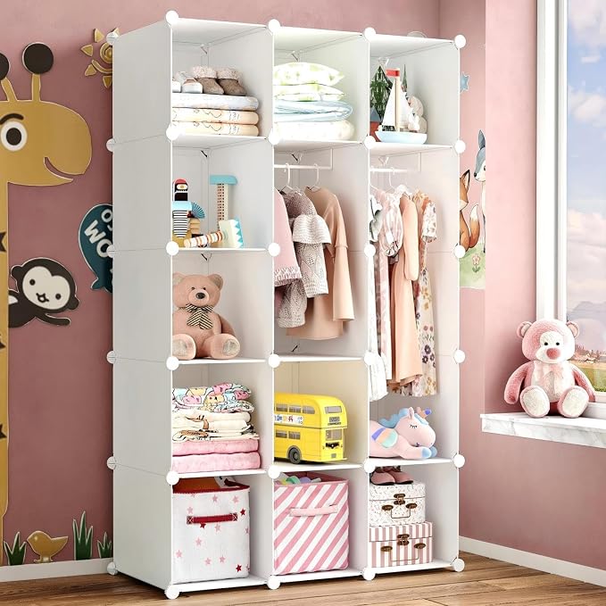 Modular Baby Wardrobe Closet, Portable Children Organizers and Storage for Nursery,15 Cubes with Hanging Rods,Multi-Functional Kids Storage Shelf-Bedroom Clothes Armoire (Boys & Girls) by Unknown