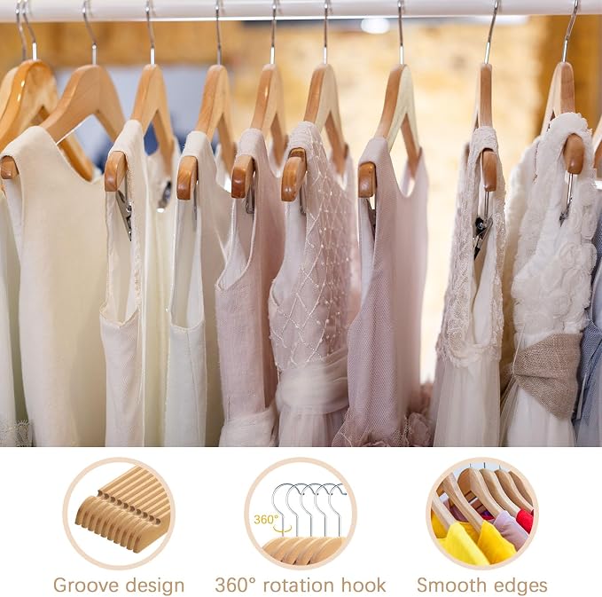 Pinkunn 50 Pcs Wooden Hangers for Baby Kids Wood Hangers Solid Baby Children's Coat with Pants Bar Shoulder Notches Anti Rust Swivel Hooks 12.6 Inch - Image 3