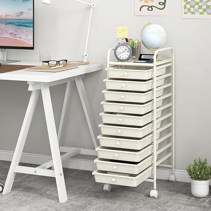 GOFLAME 10-Drawer Rolling Storage Drawer Cart, Utility Cart with Removable Drawers & Metal Frame, Mobile Art Craft Drawer Cart with Lockable Wheels for Home, Office, Studio, School, White - Image 2