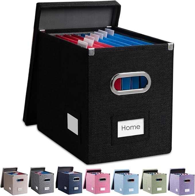File Organizer Box - Set of 1 Collapsible Decorative Linen Filing Storage Hanging File Folders with Lids Office Cabinet Letter Size Black (14x9.3x10.8 inch) by Prandom
