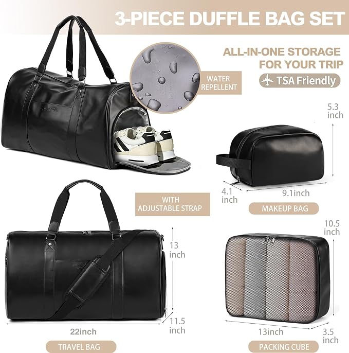 Large 3-in-1 Leather Duffle Bag for Travel Weekender Overnight Hospital Gym Bag for Men & Women, Carry On Airline Approved Personal Item Duffel Garment Bag Luggage with Shoe Compartment & Toiletry Bag - Image 6