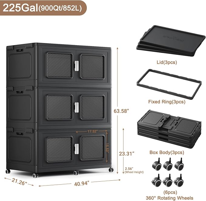 BROVIEW 900 Qt Extra Large Stackable Storage Bin with Lids, 3 Pack Black | 225Gal Extra Large, Collapsible Storage Boxes with 3 Lids, Folding& Rolling Plastic Drawer, Heavy-Duty Cabinet Organization - Image 2