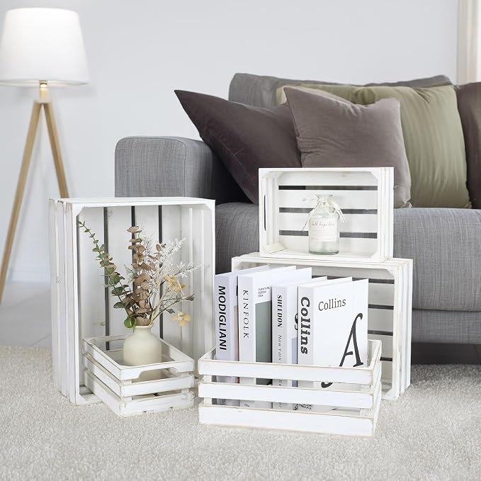 5-Piece Rustic White Wooden Crates Set, Wall Mountable Slatted Storage Crates with Handles, Farmhouse Wooden Crates for Display & Organizer for Home Decor - Image 4