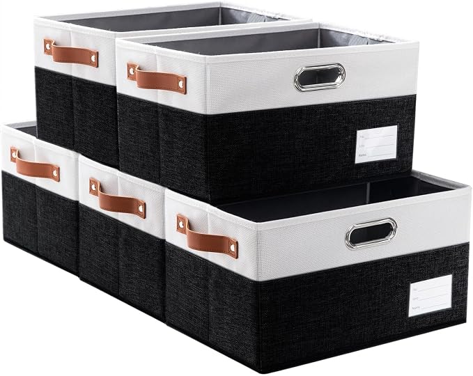 Larger Foldable Storage Bins with Handles [5-Pack] Fabric Collapsible Storage Boxes Baskets Cubes Containers with Handles for Closet Living Room Bedroom (Black & White 17.3x12.2x10.4'') by Prandom