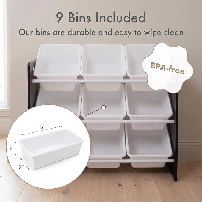 Humble Crew Toy Storage Organizer with 9 Removable Storage Bins for Kids Playroom, 3-Tier Toddler Toy Organization and Storage, Espresso/White - Image 4