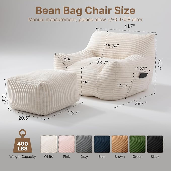 Oversized Bean Bag Chair with Ottoman, Bean Bag Couch with 2 Side Pockets, Corduroy Boneless Couch Chair in a Box, Comfy Lounge Chair for Living Room, Bedroom, Dorm, White - Image 2