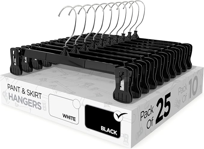 Pant & Skirt Hangers - Closet Hangers for Shorts, Shirts, Jeans, Dresses, Slacks, Coats, Clothes, Clothing, Garments & More - Durable, Space Saving & Non-Slip, Black - 25 Pack by Sharpty