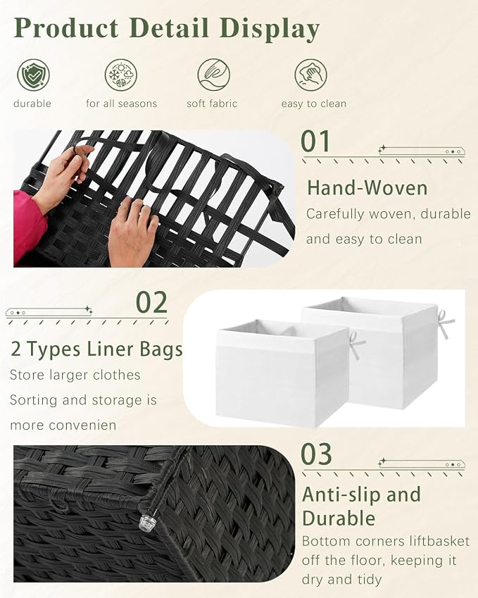 SETVSON Storage Basket with Lid PE Rattan Woven Storage Bins, 65L Black | 65L Storage Bin with 2 Separate Lids, 2 Removable Liner Bags with Divider, Sturdy Metal Frame, Foldable Side Handles - Image 8