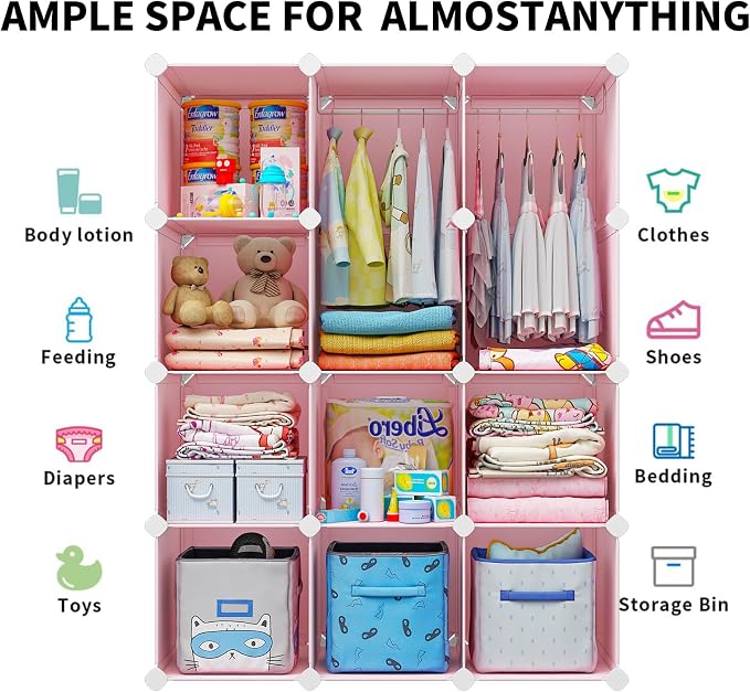 VIPZONE Baby Dresser, Kids Closet Organizers, Portable Kids Wardrobe for Closet, Bedroom, Nursery, Cubby, Cabinet, Clothes, Dress, Baby Storage Shelf, Armoire Clothes Hanging (12 Cube, Pink) - Image 4