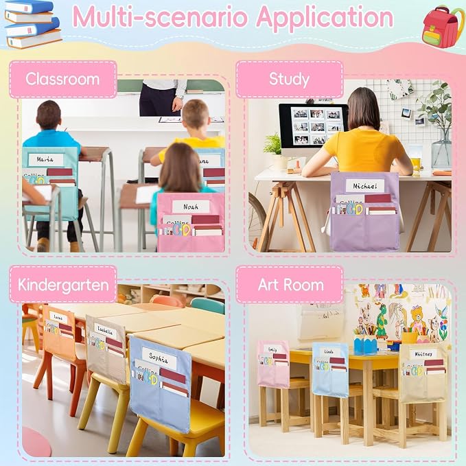 gisgfim 12 Pcs Chair Pockets for Classroom 16.7 x 19.3 Inch s with Name Tag Chairback 3 Pockets Chairs Seat Back Organizer for Elementary School Daycare Home Supply (Pastel) - Image 6