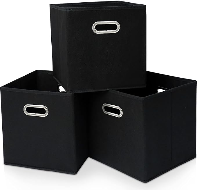 Black Fabric Cubby Storage Bins，13x13x13 Inches ，Cube Organizer Bin Foldable Storage Boxes with Dual Handles Fabric Organizer Box and collapsible Storage basket，Set of 3 ，Black by Yunkeeper
