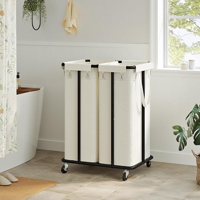 WOWLIVE Double Laundry Hamper with Wheels, 170L Rolling Laundry Basket | 2 Section Laundry Hamper, Laundry Cart with Steel Frame, Removable Bags, Large Dirty Clothes Hamper Dorm Room Storage, Beige - Image 3