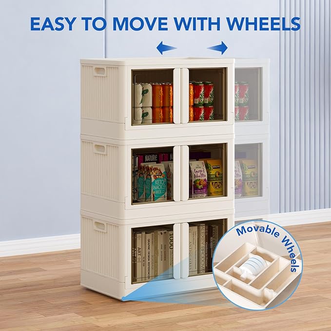 FLEXIMOUNTS 304 QT Stackable Plastic Storage Bins With Lids, Milky White | Collapsible Foldable Storage Bins with Front Doors and Built-in Wheels, Organizers and Storage for Home, Dorm, 4 Pack Cubes - Image 6