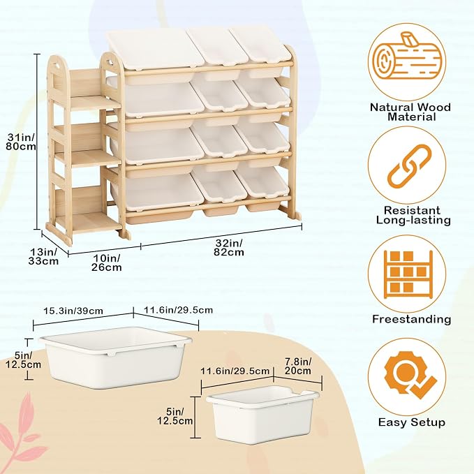 Toy Storage Organizer, Wooden Toy Organizers and Storage with Bookshelf, Toy Storage Shelf with 3 Shelves and 12 Storage Bins, Kids Bookshelf for Playroom, Nursery, Bedroom, Bookcase for Kids, White - Image 2