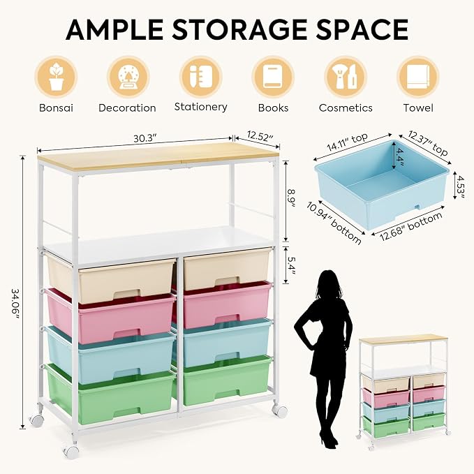 Rolling Storage Cart with 8 Large Drawers,Wooden Tabletop | Open Storage Shelves, Mobile Craft Organizer with Lockable Wheels for Home, Classroom, Office Supplies & Art Studio,Colorful - Image 3