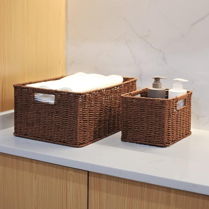 HOONEX Large Woven Baskets for Storage, Paper Rope Baskets with Sturdy Metal Wire Frame, Baskets for Shelves, Set of 3, Dark Brown - Image 3