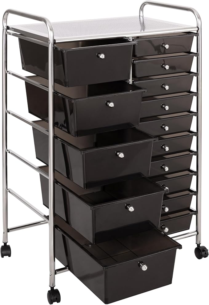 Seville Classics Rolling Utility Organizer Storage Cart , for Home Office, School, Classroom, Scrapbook, Hobby, Craft, 15 Drawer, Black - Image 10