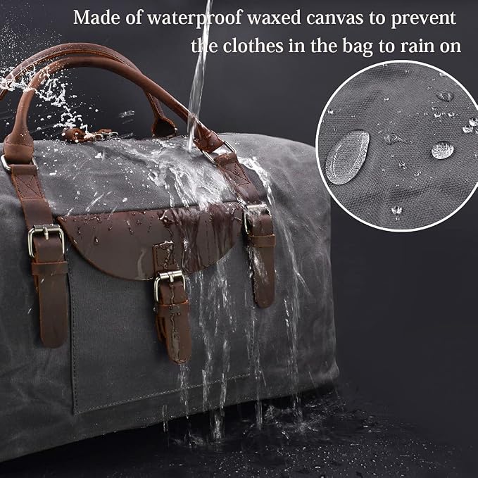 Oversized Travel Duffel Bag Waterproof Canvas Genuine Leather Weekend bag Weekender Overnight Carryon Hand Bag Grey - Image 2