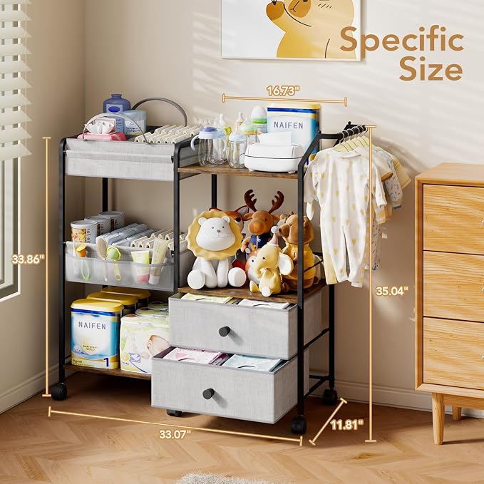 BBLIKE Diaper Caddy Organizer with Hanging Rack - 3 Tier Rolling Baby Storage Cart with Drawers and Side Pockets for Newborn Diaper Organization for Nursery, Crib, Bedroom, Changing Table, Gray - Image 6
