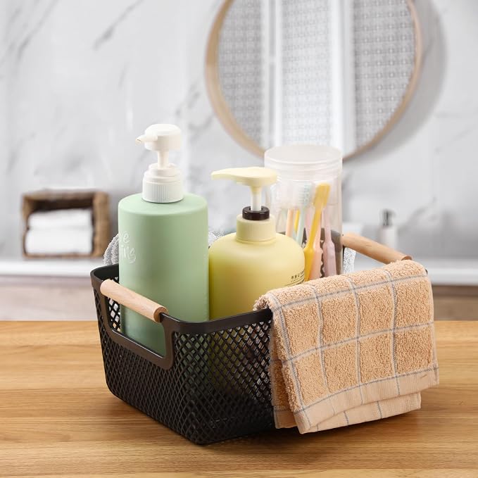 Tioncy 4 Pcs Plastic Mesh Baskets with Wood Handle Woven Mesh Storage Organizer Bins Multi-function Rectangle Baskets for Home Pantries Shelves Closet Kitchens Bedrooms(10.4 x 7.2 x 4.7 Inches) - Image 6