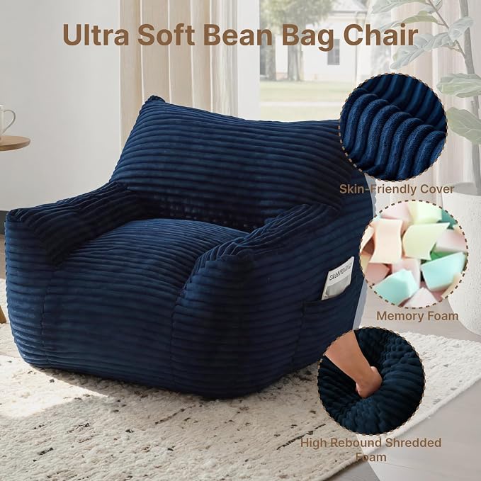 Bean Bag Chair for Adults & Kids, Giant Bean Bag Sofa with Side Pocket, Corduroy Beanbag Chair with Armrests, Comfy Stuffed Floor Sofa for Living Room Bedroom Dorm, Blue - Image 4