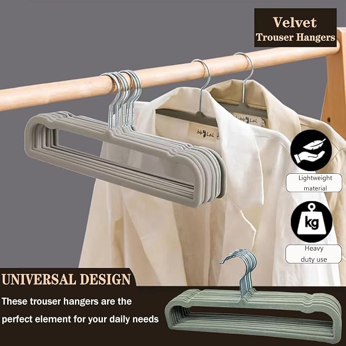 20 Pack Velvet Pants Hangers for Closet Space Saving, Thin Hanger (Grey) | 35cm(L) Heavy Duty Flocked Trouser Hangers, Durable, Clothes Hanger with Silver Swivel Hook, Jean Hangers for Women and Men - Image 6