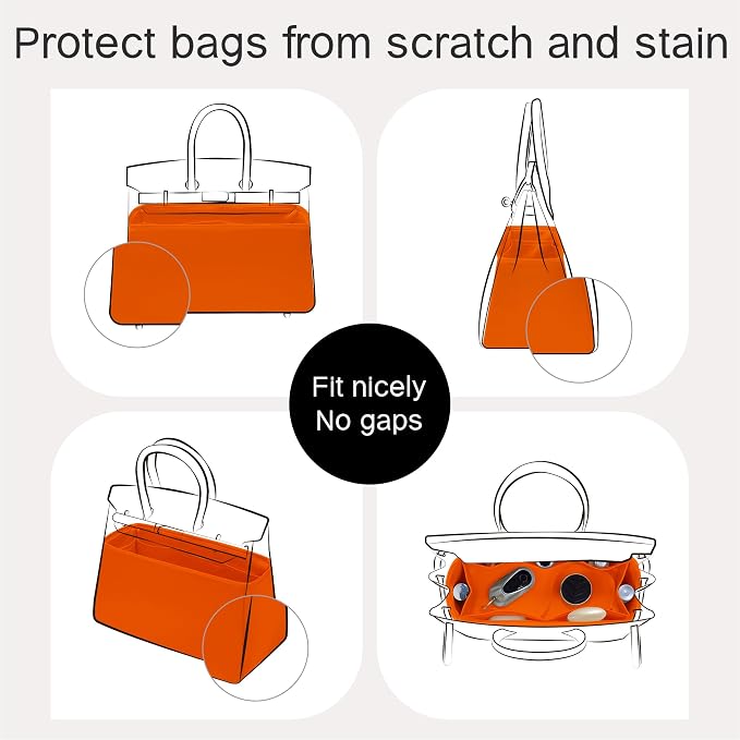 Fits for Brikin Bag Insert Organizer For Hermes(30 R,Orange) | Premium Silk Material,Smooth Touch,Lightweight,zipper,protect from scratches & stains,multiple pockets,keychain,waterproof - Image 4