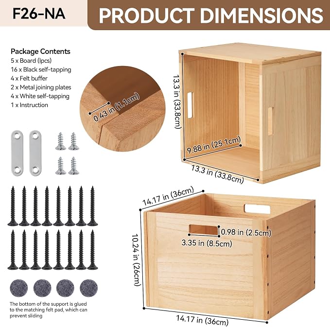 KIRIGEN Stackable Wood Storage Cube with Handles, Open Crate Bin, Natrual | Wooden Box and Open Front ,Stackable for Books, Clothes, and Closet Storage, Assembly Required, 14.17 x 14.17 x 10.31 Inch - Image 6