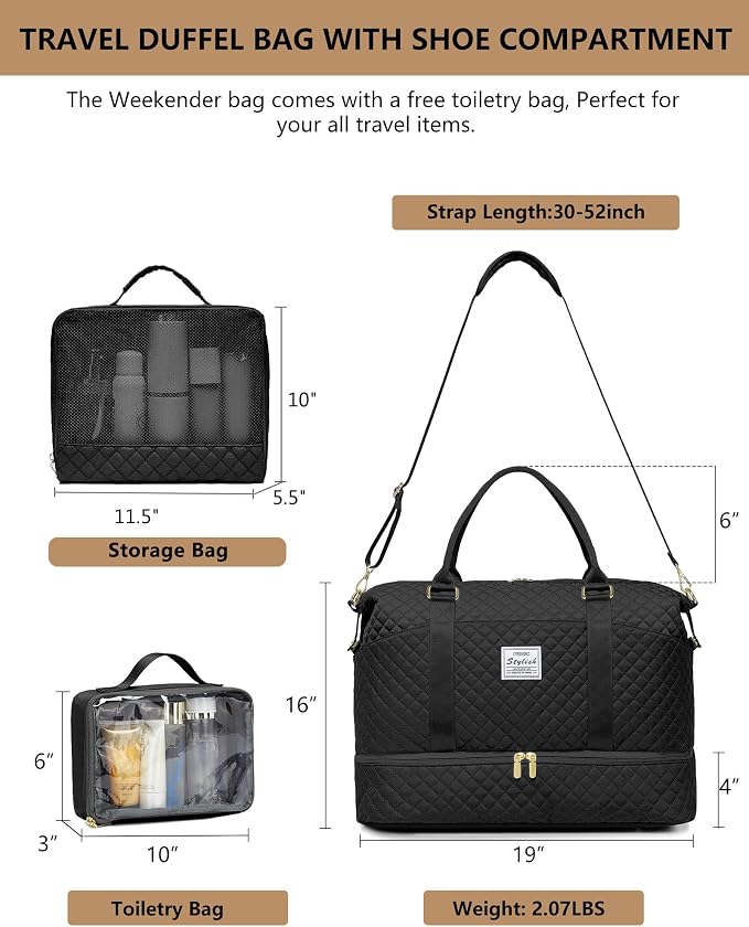Large Women Travel Duffle Bag - Carry on Overnight Bags Weekend Travel Duffel Tote with Wet Pocket Weekender for Travel Business Trips Sports Hospital Black 3 Pcs Set - Image 2