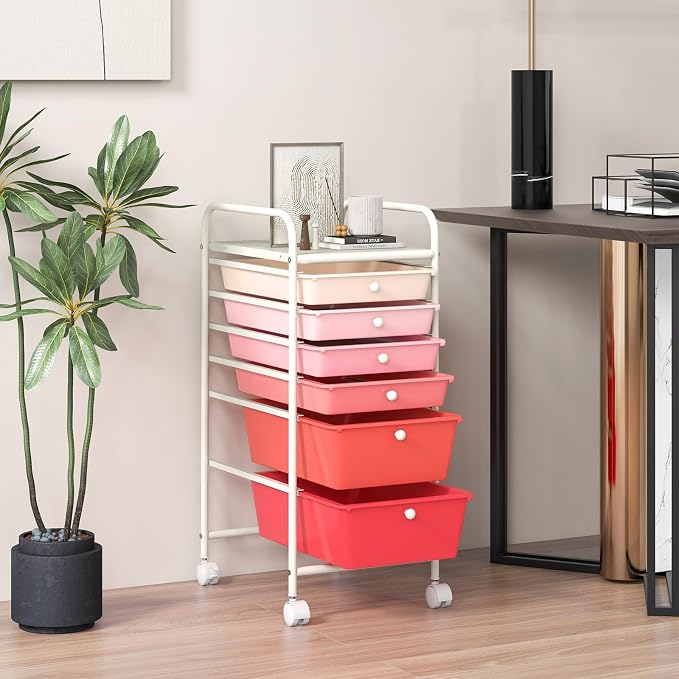 GOFLAME 6-Drawer Rolling Storage Cart, Multifunctional Art Craft Organizer Cart, Mobile Utility Storage Cart with Removable Drawers & Lockable Wheels, Craft Cart for Home Office, School, Pink - Image 8