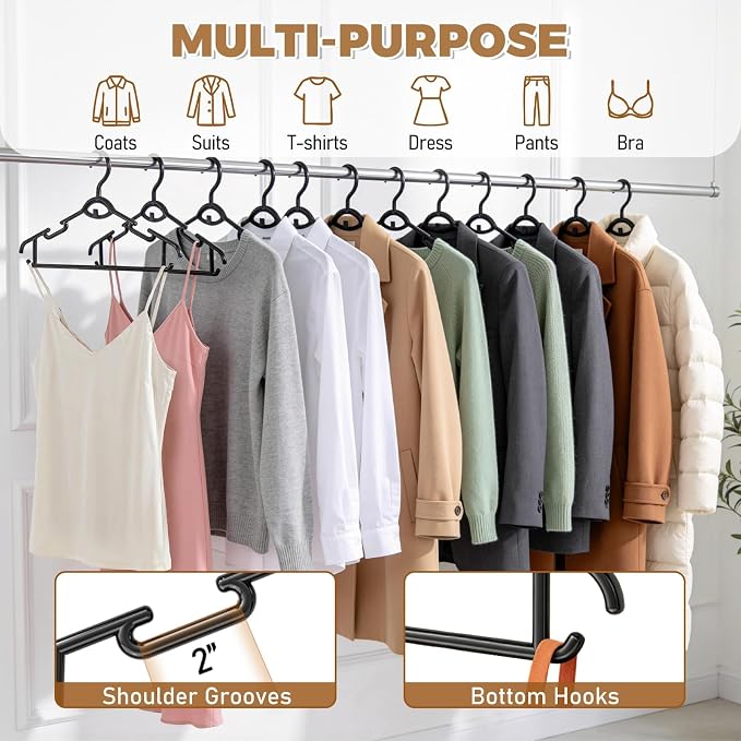 Heavy Duty Plastic Hangers 50 Pack, Stackable Space Saving, Black | 16Lbs Superior Strength, 360° Swivel Hook, Premium PP Material, Cascading, Multi-Groove Support, for Coat Suit Shirt Dress - Image 5