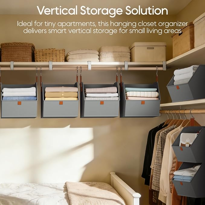 Collapsible Hanging Closet Organizer - 6 Tier Closet Shelves Storage System with Hooks, Fabric Hanging Storage Bins for Clothes, Foldable Storage Basket for Laundry, Bedroom, Rv, Grey - Image 2