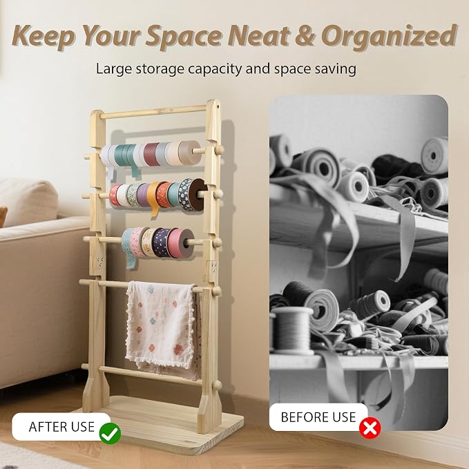 6 Tier Large Capacity Solid Wood Ribbon Storage Rack, Multi-Spacing Ribbon Spool Holder Organizer, Removable Ribbons Display Shelf Craft Storage for Flower Store, Wrapping, Craft Room, Cake Shop - Image 6