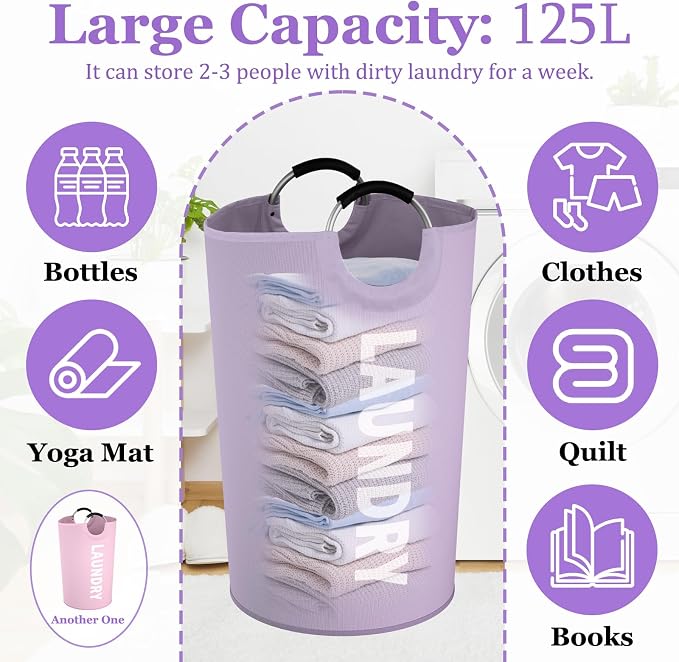 2Pack 125L Extra Large Laundry Baskets, Collapsible Laundry Hamper with Soft Handles, Dirty Clothes Basket in 600D Oxford Fabric, Sturdy Clothes Hampers for Travel, Family, Purple + Pink - Image 2