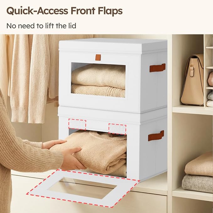 Storage Bins with Lids - Front Opening Storage Box with Clear Window & Handles, Stackable Foldable Fabric Bins for Closet Organization, Clothes, Sweaters, Towels, Blankets, 3 Pack, White - Image 3