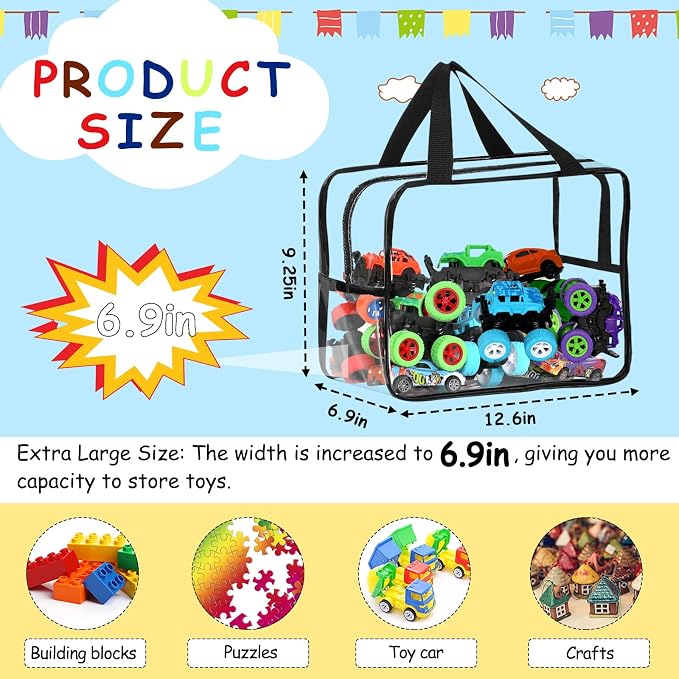 6 Pcs Widen XL Toy Storage Bags Waterproof Clear Toy Organizer with Labels | Reusable PVC Transparent Organizer Bags with Zipper 12.6×9.25×6.9In for Building Blocks, Puzzle, Board Games Travel Storage - Image 2