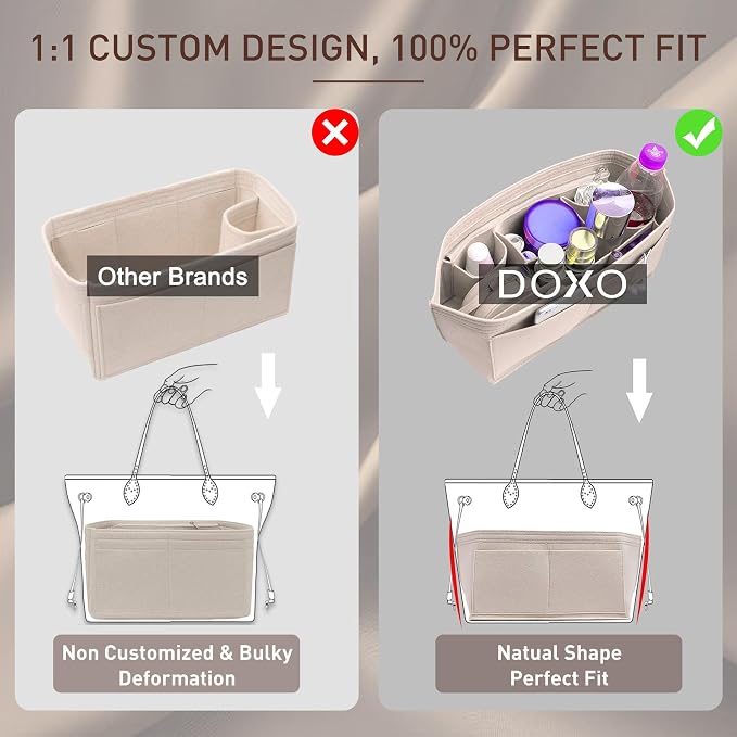 Purse Organizer Insert for Handbags & Base Shaper 2pc Set, Felt Neverfull MM Organizer Insert, Tote Bag Organizer with Zipper Pocket and Bottle Holder, Fit Speedy 30 Neverfull MM and More,Beige-L - Image 5