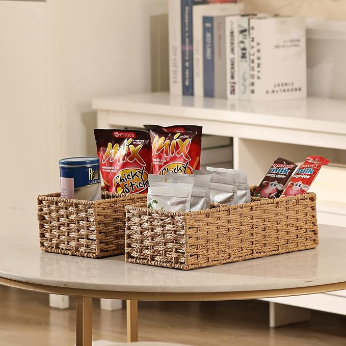 3-Section Wicker Baskets for Shelves, Hand-Woven Round Paper Rope Wicker Storage Basket, Toilet Paper Basket for Toilet Tank Top, Baskets for Organizing, 2-Pack - Image 8